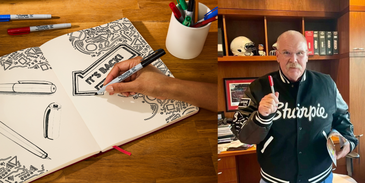 andy reid poses with sharpie pen and person draws and colors with pen